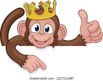 A monkey king cartoon character animal wearing a crown peeking over a sign and pointing at it while giving a thumbs up