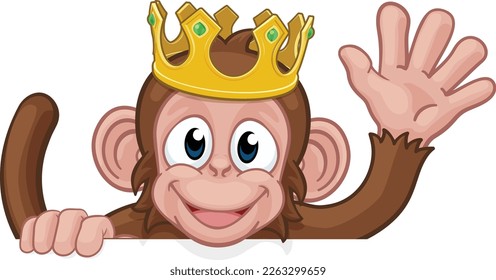 A monkey king cartoon character animal wearing a crown peeking over a sign and waving