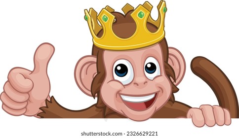 A monkey king cartoon character animal wearing a crown peeking over a sign and giving a thumbs up