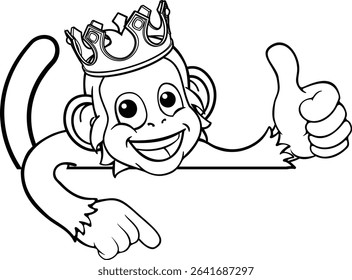A monkey king cartoon character animal wearing a crown peeking over a sign and pointing at it while giving a thumbs up