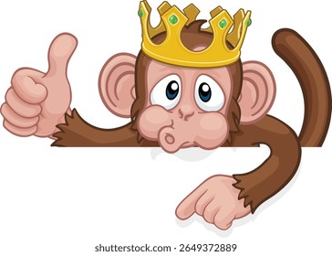 A monkey king cartoon character animal wearing a crown peeking over a sign and pointing at it while giving a thumbs up