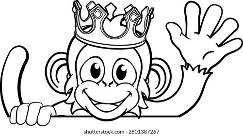 A monkey king cartoon character animal wearing a crown peeking over a sign and waving