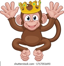 A monkey king cute happy cartoon character animal wearing a crown waving with both hands