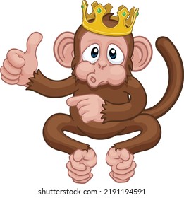 A monkey king cute happy cartoon character animal wearing a crown giving a thumbs up and pointing