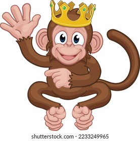 Un mono rey lindo y feliz personaje de caricatura animal usando una corona onando y señalando