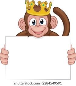 A monkey king cute happy cartoon character animal wearing a crown and holding a blank sign with copy-space