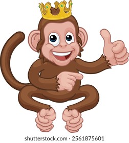 A monkey king cute happy cartoon character animal wearing a crown giving a thumbs up and pointing