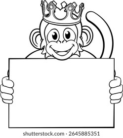 A monkey king cute happy cartoon character animal wearing a crown and holding a blank sign with copy-space