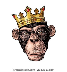 Monkey king head with crown. Vintage color and black engraving illustration for poster. Isolated on white background. Hand drawn design element for label and poster