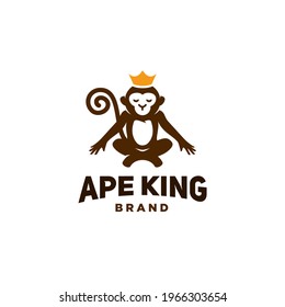 monkey king logo with crown Meditation yoga position logo icon , chimpanzee ape meditating in lotus pose cartoon mascot design illustration