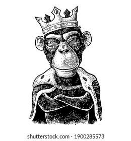 Monkey king with paws crossed dressed in the mantle and crown. Vintage black engraving illustration for poster. Isolated on white background. Hand drawn design element for label and poster