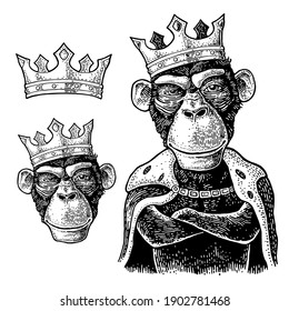 Monkey king with paws crossed dressed in the mantle and crow. Vintage black engraving illustration for poster. Isolated on white background.