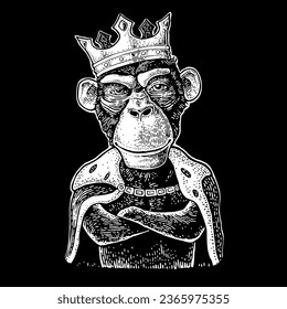 Monkey king with paws crossed dressed in the mantle and crown. Vintage white and black engraving illustration for poster. Isolated on dark background. Hand drawn design element for label and poster