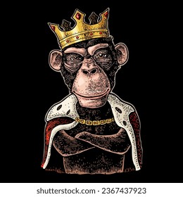 Monkey king with paws crossed dressed in the mantle and crown. Vintage color and black engraving illustration for poster. Isolated on dark background. Hand drawn design element for label and poster