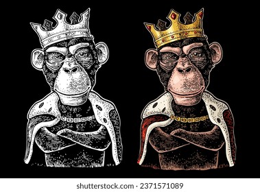 Monkey king with paws crossed dressed in the mantle and crown. Vintage color and black engraving illustration for poster. Isolated on dark background. Hand drawn design element for label and poster