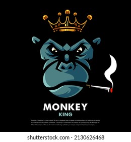 Monkey king smoking mascot logo design isolated on dark background