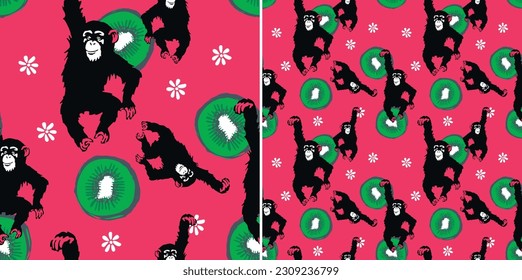 Monkey and kiwi seamless pattern illustration with pink color background