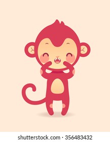 Monkey laughing in vector. Cute cartoon character. Happy animal. Illustration of funny toy. 