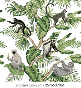 Monkey, lemur animal, green parrot, banana tree, tropical palm, plant floral seamless pattern white background. Exotic botanical jungle wallpaper.