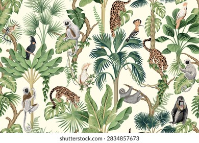 Monkey, lemur, sloth, cat animal, bird, parrot, tropical green palm trees floral seamless pattern. Exotic jungle wallpaper.	