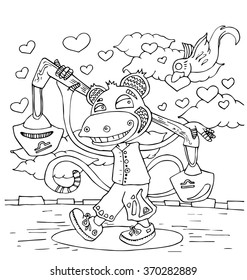 the monkey with libra celebration valentines day cartoon for coloring hand drawn isolated on the white background
