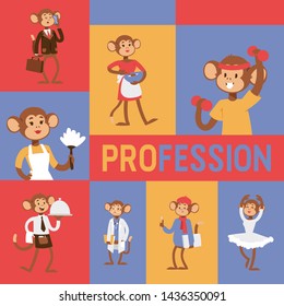El mono como la gente profesión personaje ilustración vectorial. Página de inicio de la aplicación de reclutamiento de animales de dibujos animados salvajes. Cartel profesional de los trabajadores mamíferos. primate animal en el trabajo uniforme de agencia de clientes.