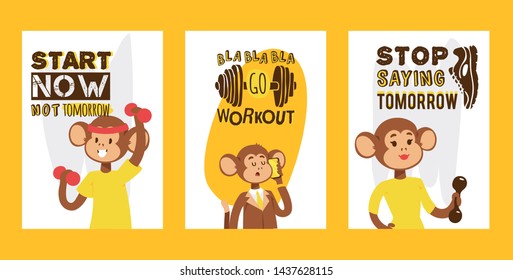 Monkey like people sport character vector illustration. Wild cartoon animal recruiter application landing page. Professional mammal sportsmen banner. Animal primate in gym fitness healthy lifestype