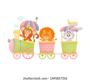 Monkey, lion and hare ride in a train and carriage. Vector illustration on a white background.