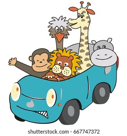 Monkey, lion, ostrich, hippo and giraffe. Group of animals. Vector icon