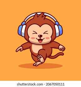 Monkey listening music vector cartoon illustration