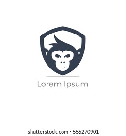 Monkey logo, Monkey face in shield vector, cute chimpanzee face