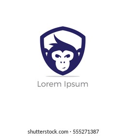 Monkey logo, Monkey face in shield vector, cute chimpanzee face