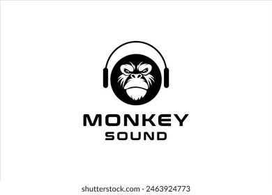 Monkey Logo Using Headphones dj Music, Chimpanzee and Headphones Vector Illustration Design.