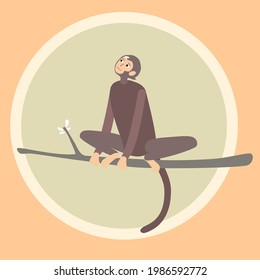 Monkey looking like a man sitting on a branch, vector illustration. Looks like a shipanze a macaque a garila. Common primate. Ape on tree. Traditional china style. Year of monkey in horoscope. Animal.