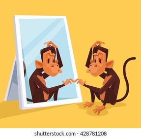 Monkey looks in mirror and did not understand who it is. Vector flat cartoon illustration