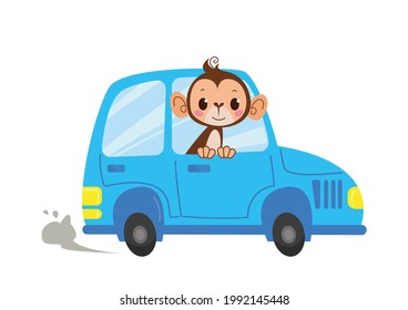 A monkey looks out of the window of a blue car as a driver. Vector illustration in cartoon childish style. Isolated funny clipart on a white background. Cute baby print transport fun