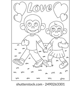 monkey love and affection theme coloring book page for kids or grown adults coloring book mindful relaxation activity