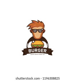 Monkey love burger. cool hype ape monkey carry burger logo mascot icon character illustration badge
