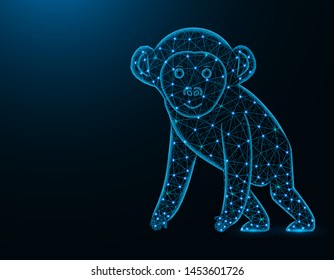 A monkey low poly model, African animal abstract graphics, primate polygonal wireframe vector illustration on dark blue background