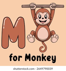 Monkey M Alphabet Illustration . A playful illustration features a charming monkey accompanied by a letter, creating an educational and whimsical visual for children.