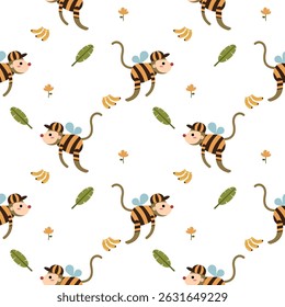 Macaco mascote abelha desenho animado tão bonito. Na folha de banana fundo branco da flor. Ilustração de vetor uniforme de padrão. 