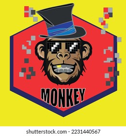 Monkey mascot in a hat and pixelated glasses with a gold tooth smiles.