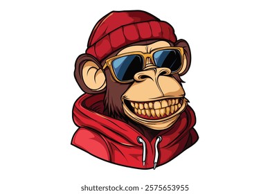 Monkey mascot logo. Gorilla wearing glasses and hoodie with golden teeth. Vector illustration of monkey logo.