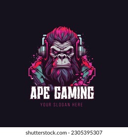 Monkey mascot logo vector. Gorilla monkey logo. Ape and Chimpanzee vector logo design. Animal vector illustration. Kingkong Gaming Logo