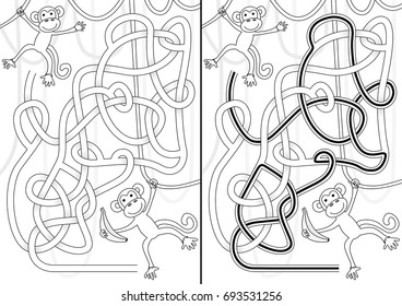 Monkey maze for kids with a solution in black and white