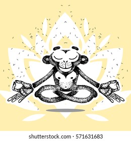 Monkey is meditating. monkey levitates. Monkey sits in a lotus position, meditates and remains calm. Vector hand made illustration. Template for tattoo. Sketch for poster, print or t-shirt.