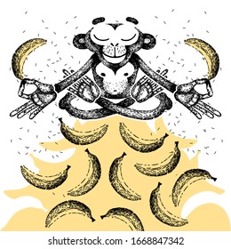 Monkey is meditating and sits on a mountain of bananas. Monkey sits in a lotus position and dreams of bananas. Vector hand made illustration. Sketch for poster, print or t-shirt.