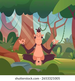 Meditação macaco. animal selvagem sentado em ioga asana na selva fundo exterior