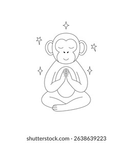 Monkey in a meditative pose with its eyes closed and surrounded by stars on a white background.