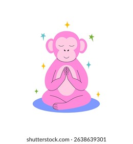 Monkey in a meditative pose with its eyes closed and surrounded by colorful stars on a white background.